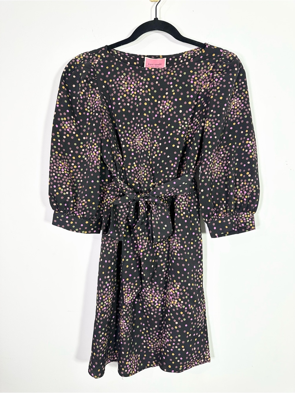 Kate Spade Black Multicolor Dot Crewneck Puff Sleeve Mini Dress